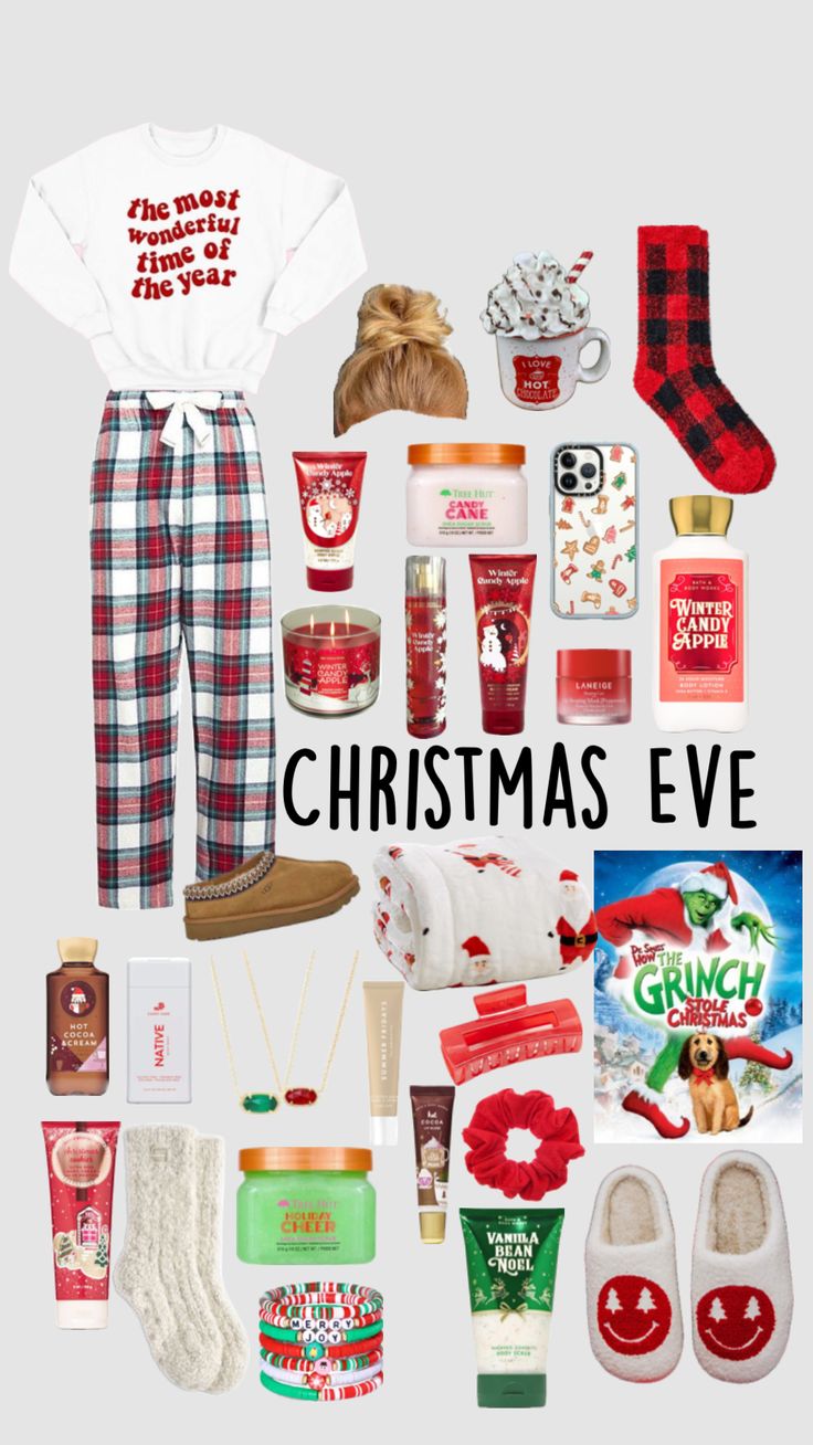 the christmas eve gift guide is displayed in front of a white background with red and green items