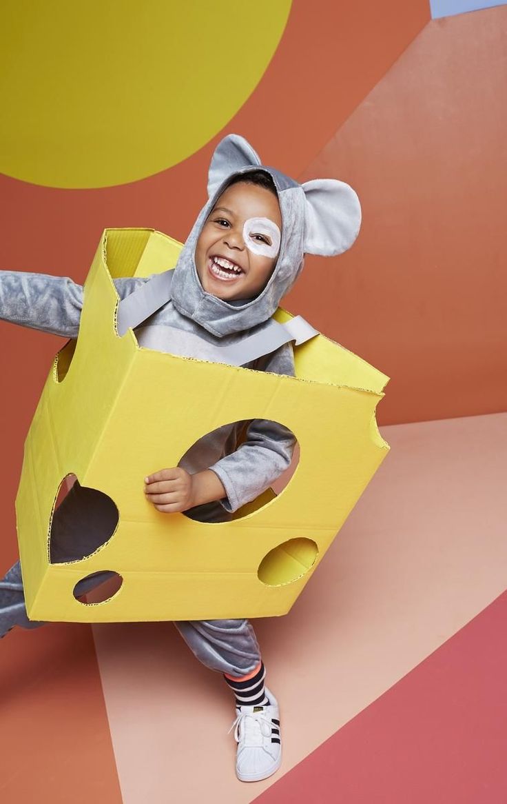 a young boy dressed as a mouse holding a piece of cheese in front of his face