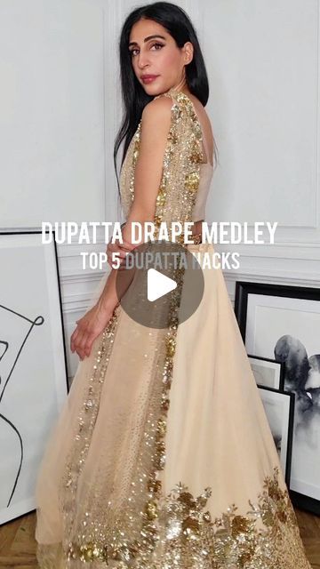 Sharara Draping Styles, Dupatta Into Cape, Dupatta Draping Like Jacket, Dupatta Styling For Lehenga, Western Dupatta Style, Dupatta Draping Styles For Sangeet, Western Dress With Dupatta, Ways To Drape A Dupatta, Drapping Dupatta Ideas