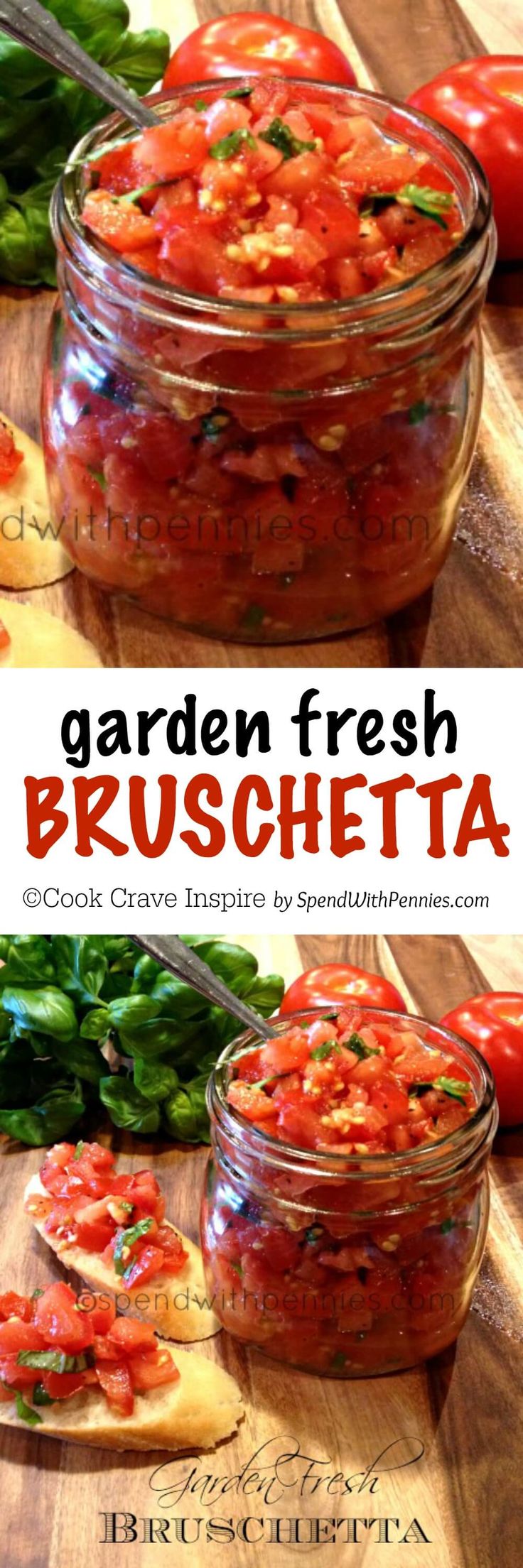 two glass jars filled with fresh bruschetta on top of a wooden cutting board