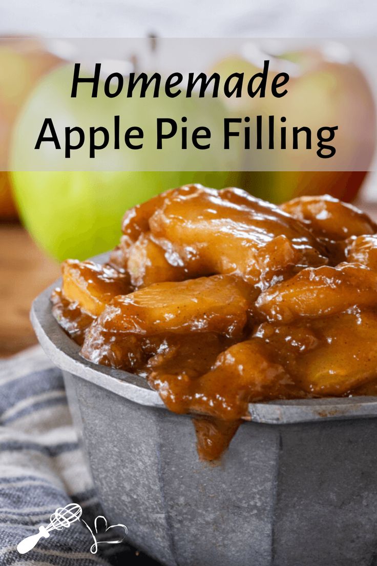 homemade apple pie filling in a bowl with apples in the background and text overlay