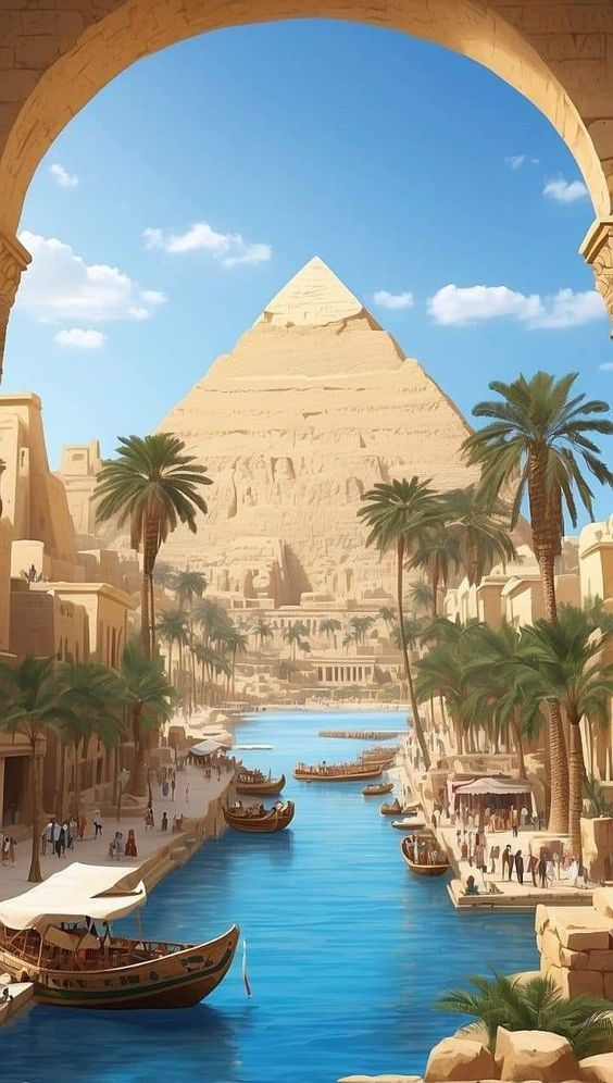 an image of the egyptian city of giza with boats in the water and palm trees