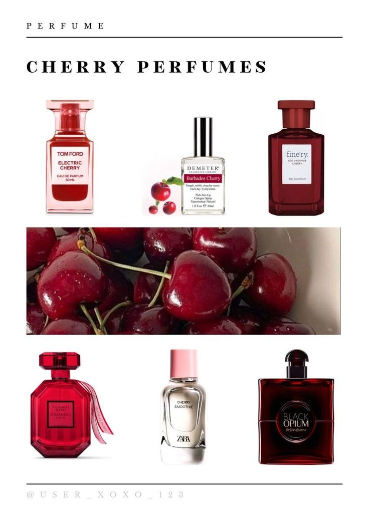 Cherry perfumes Aesthetic Cherries, Cherry Blossom Perfume, Cherry Aesthetics, Cherry Perfume, Cherry Fragrance, Cherry Products, Perfume Carolina Herrera, Fragrances Perfume Woman, Perfume Collection Fragrance