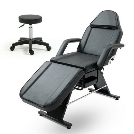 The adjustable tattoo chair salon bed is perfect for barber shop, beauty salon, tattoo shop and more. Let your clients rest comfortably and securely on this salon Bed. You can adjust the backrest and footrest accoring to your need , and it comes with the stool can adjust the height which you need. It is sturdy and durable, safe and comfortable. High quality PVC leather cover for easy clean and long life. So don't hesitate, it's a good choice for you! Size: Wide.  Color: Black. Esthetician Bed, Beauty Treatments Spa, Salon Tattoo, Stylist Chair, Facial Bed, Tattoo Chair, Tattoo Salon, Massage Bed, Professional Massage