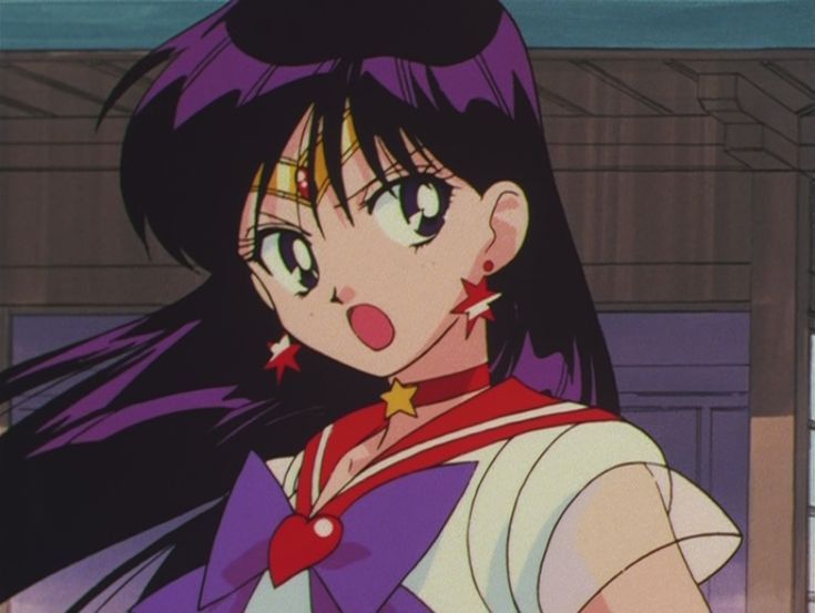 an anime character with long black hair and big blue eyes, wearing a purple outfit