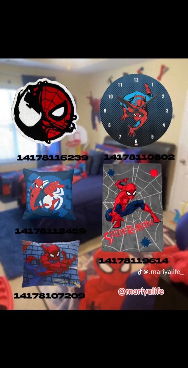 spiderman bedroom decor with the name and number on it's pillowcases