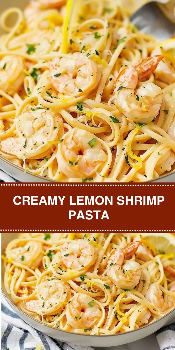 creamy lemon shrimp pasta in a skillet