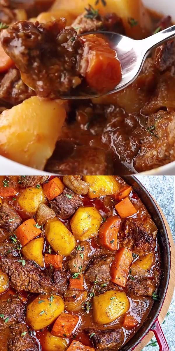 two bowls filled with stew and potatoes on top of a table