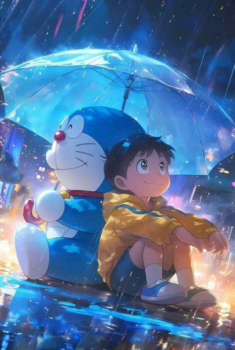 a person holding an umbrella in the rain next to a cartoon character with a cat on it