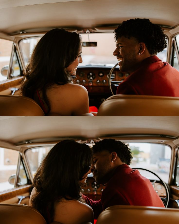 a man and woman are sitting in the back seat of a car, looking into each other's eyes