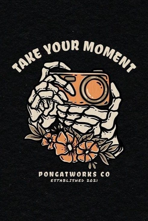 a black t - shirt with an image of a camera and flowers