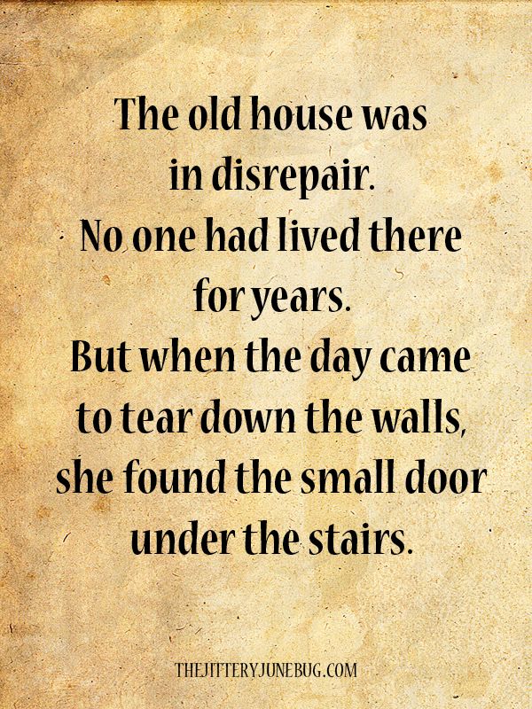 the old house was in disrpair no one had lived there for years but when the day came to tear down the walls, she found the small door under the stairs