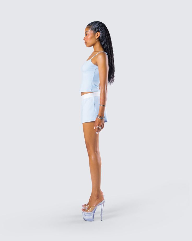 A little downtime is needed sometimes 💅 Look your best even on your casual days in this two-piece set featuring a blue cami tank top and a pair of blue boy shorts 💙 Summer Mini Length Loungewear Shorts, Short Summer Camisole For Loungewear, Short Camisole For Summer Loungewear, Blue Cami Tank Top For Loungewear, Blue Mini Shorts For Vacation, Blue Mini Length Shorts For Vacation, Blue Cotton Short Set For Summer, Summer Loungewear Tank Top In Short Length, Summer Loungewear Tank Top Short Length