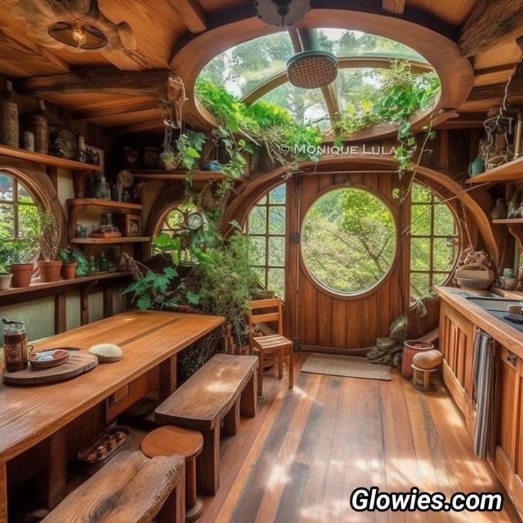 the inside of a hobbot house with wood floors and windows