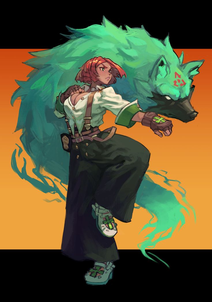 a drawing of a woman with green hair and a wolf's head on her arm