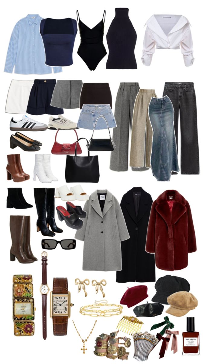 a collage of clothes and accessories including shoes, hats, coats, gloves, boots