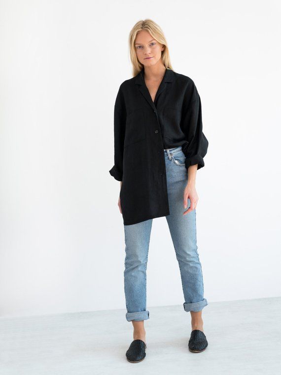 97d0145823aeb8ed80617be62e08bdccdesc41687819ri Black Linen Blazer, Black Shirt Outfits, Linen Shirt Outfit, Oversized Shirt Outfit, Black Linen Shirt, Oversized Linen Shirt, Black Button Up Shirt, Black Shirts Women, Shirt Outfits