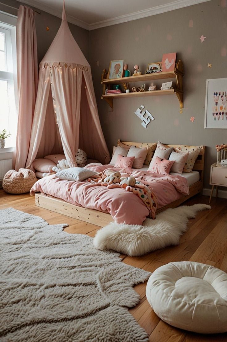 a bedroom with pink bedding and white rugs