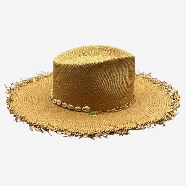 Caress the sun under the shadow of this wide brim straw hat and give to your day that extra Je ne sais quoi that makes you unique... Cowrie Shell charms 18k gold filled clip chain Sweatband with ‘Choose to shine’ inspirational quote All hats are unique and have perfect imperfections! Straw hat hand woven in Ecuador Hand made and designed by Valeria in California Gold Straw Hat With Curved Brim For Vacation, Gold Curved Brim Straw Hat For Vacation, Gold Straw Hat With Flat Brim, Adjustable Gold Panama Hat With Flat Brim, Handmade Gold Wide Brim Hat, Handmade Gold Summer Hats, Gold Straw Brimmed Hat, Gold Flat Brim Hat Bands For Summer, Adjustable Gold Panama Hat With Wide Brim