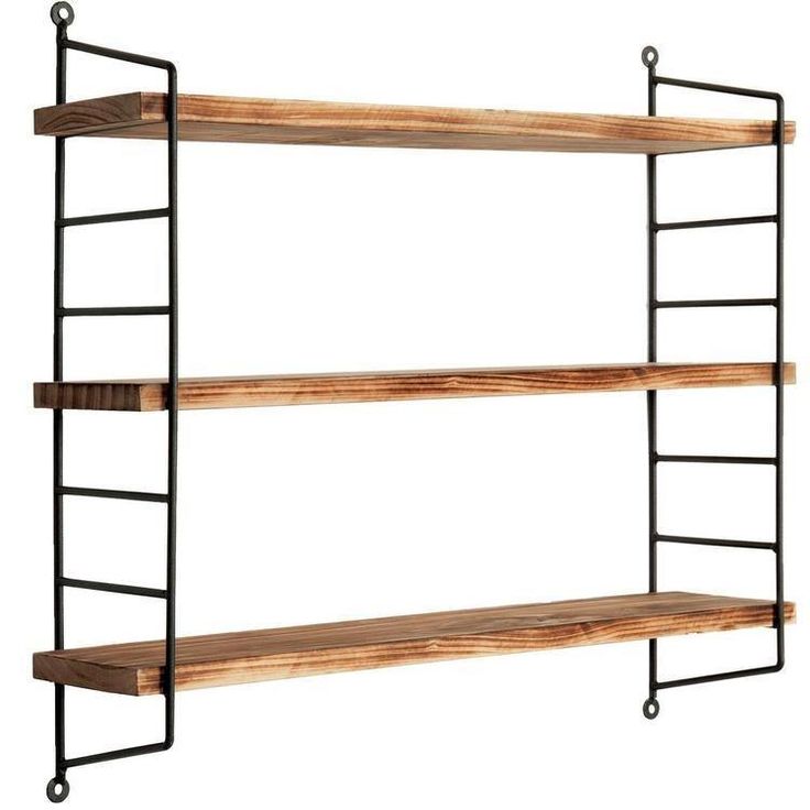 two wooden shelves with metal brackets on each side and one shelf holding bookshelves