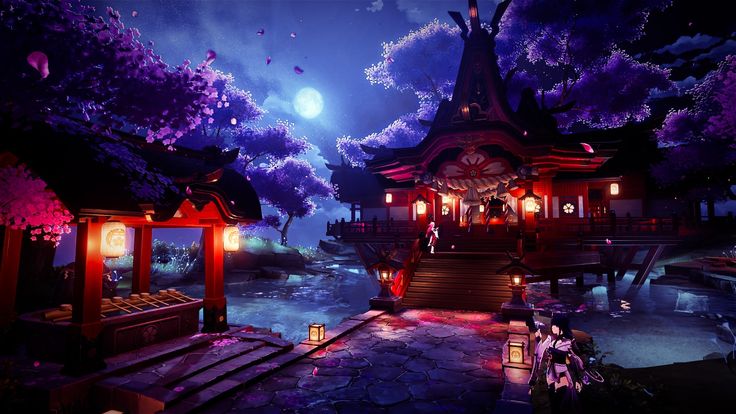 an animated image of a japanese temple at night with lanterns on the ground and trees in the background