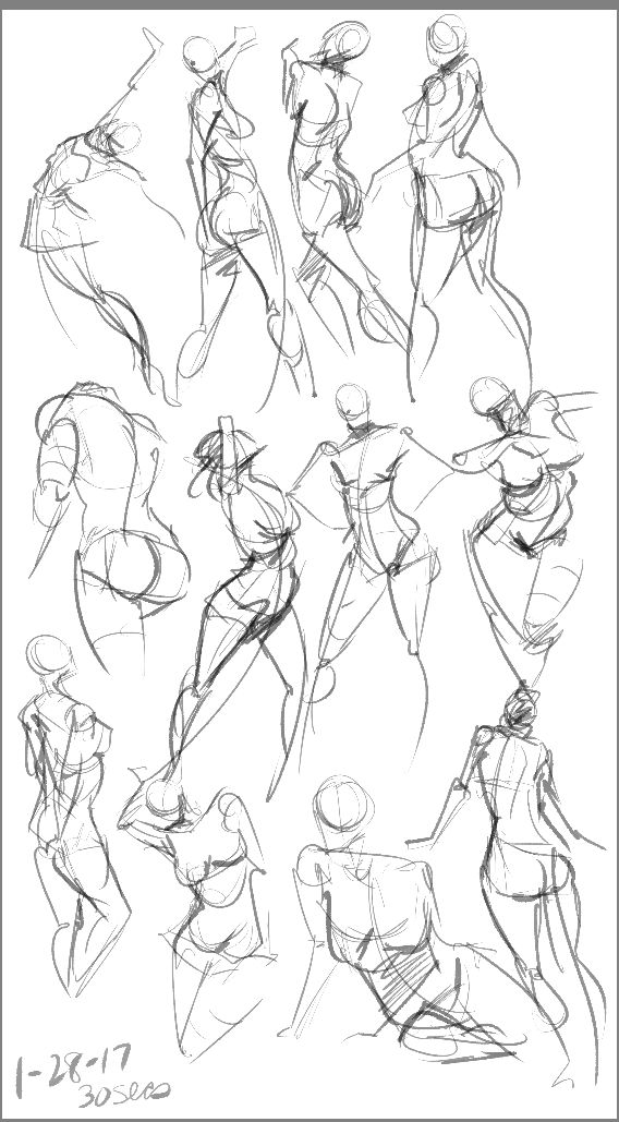 some sketches of people in different poses and body shapes, with one person standing on the other