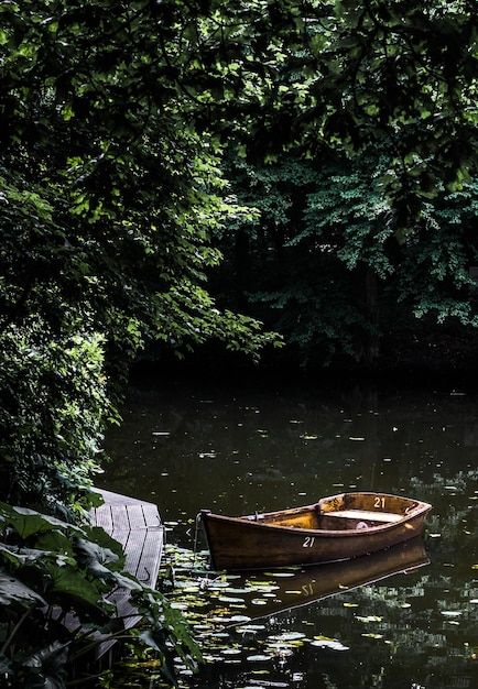 a small boat floating on top of a lake surrounded by lush green trees and foliage