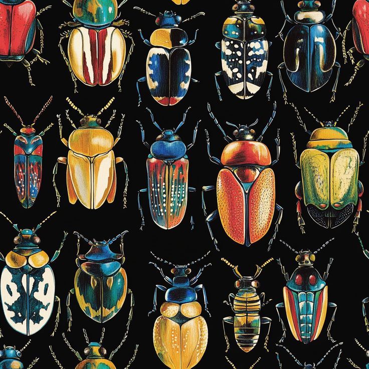 a group of different colored bugs on a black background