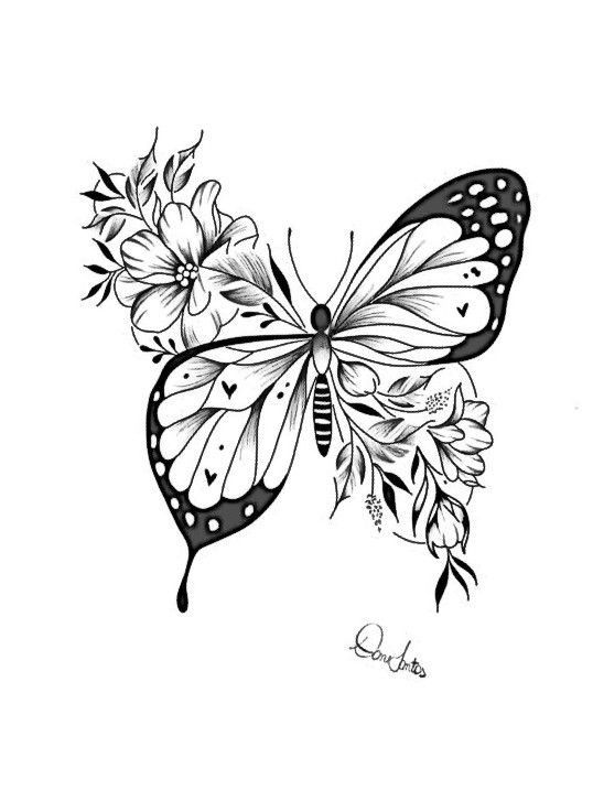 a black and white drawing of a butterfly with flowers on it's back wing