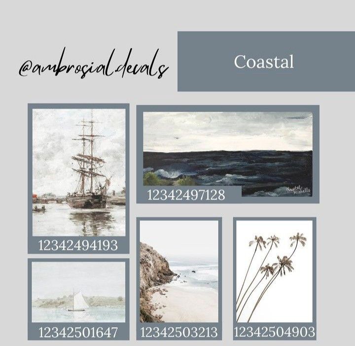 an advertisement for coastal art with pictures of boats and palm trees in the water,