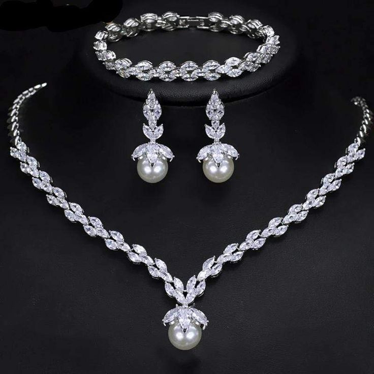 3 Pc CZ Pearl Jewelry Set - 3DVanity.com Crystal Bridal Jewelry Sets, Wedding Necklace Set, Inlaid Jewelry, Bridal Necklace Set, Silver Wedding Jewelry, Pearl Jewelry Sets, Party Necklace, Wedding Accessories Jewelry, Royal Jewelry