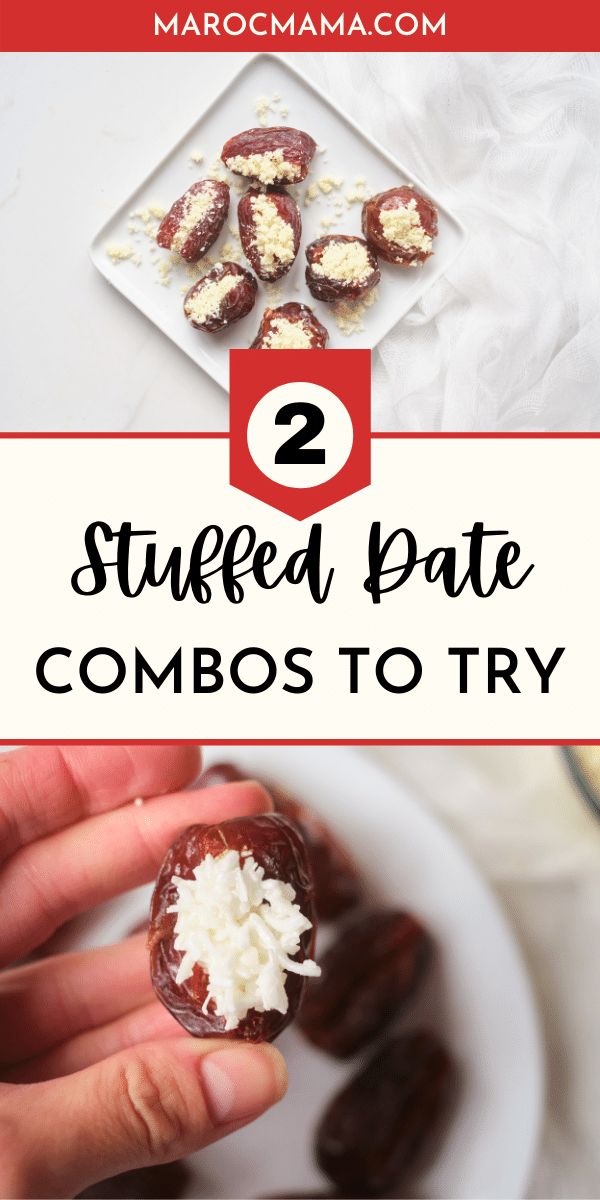 someone holding some food in their hand with the words, 2 stuffed date combos to try