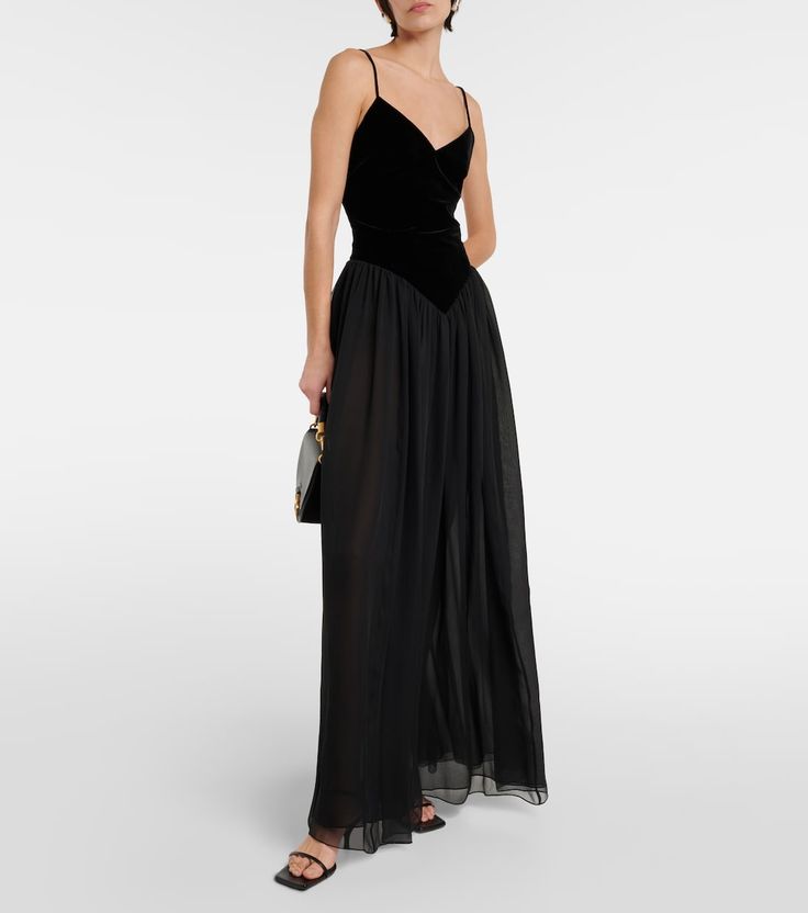 Velvet and silk maxi dress in black - Chloe | Mytheresa Pre-draped Floor-length Silk Evening Dress, Pre-draped Floor-length Silk Dress For Gala, Silk Crepe Sleeveless Evening Dress, Silk Pre-draped Dress With Lined Bodice, Black Silk V-neck Maxi Dress, Pre-draped Chiffon Maxi Dress For Gala, Floor-length Satin Maxi Dress With Lined Bodice, Formal Pre-draped Chiffon Maxi Dress, Chic Silk Crepe Dress For Party