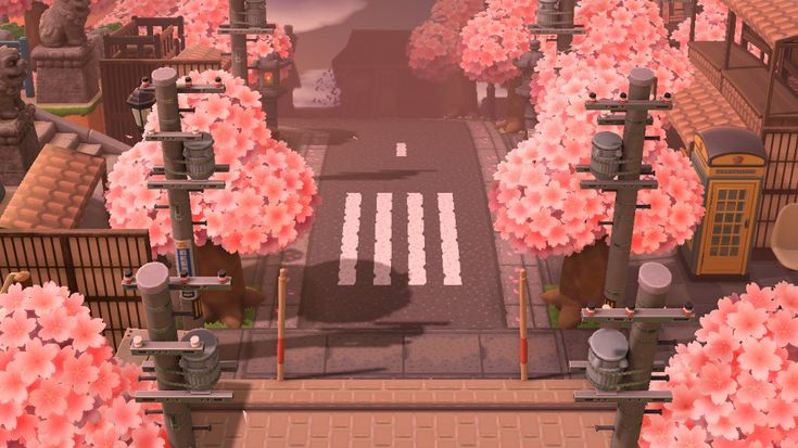 an animated city with lots of pink flowers