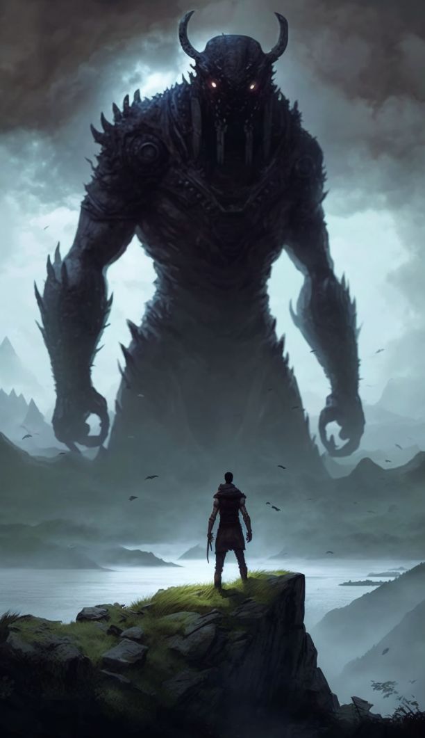 a man standing on top of a hill next to a giant monster