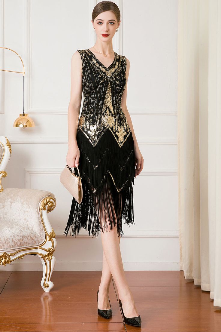 ZAPAKA Women Flapper Dress Black and Gold Fringes Sequin 1920s Party Dress Sleeveless Flapper Evening Dress, Flapper Dresses With Beaded Fringe For Party Season, Gold Flapper Dress For Evening, Elegant Beaded Fringe Flapper Dress For Party Season, Gatsby Style Flapper Dress For Party Season, Embellished Flapper Evening Dresses, Gold Sequined Flapper Dress For Party Season, Gatsby Style Beaded Fringe Flapper Dress For Evening, Gold Gatsby Flapper Dress For Summer