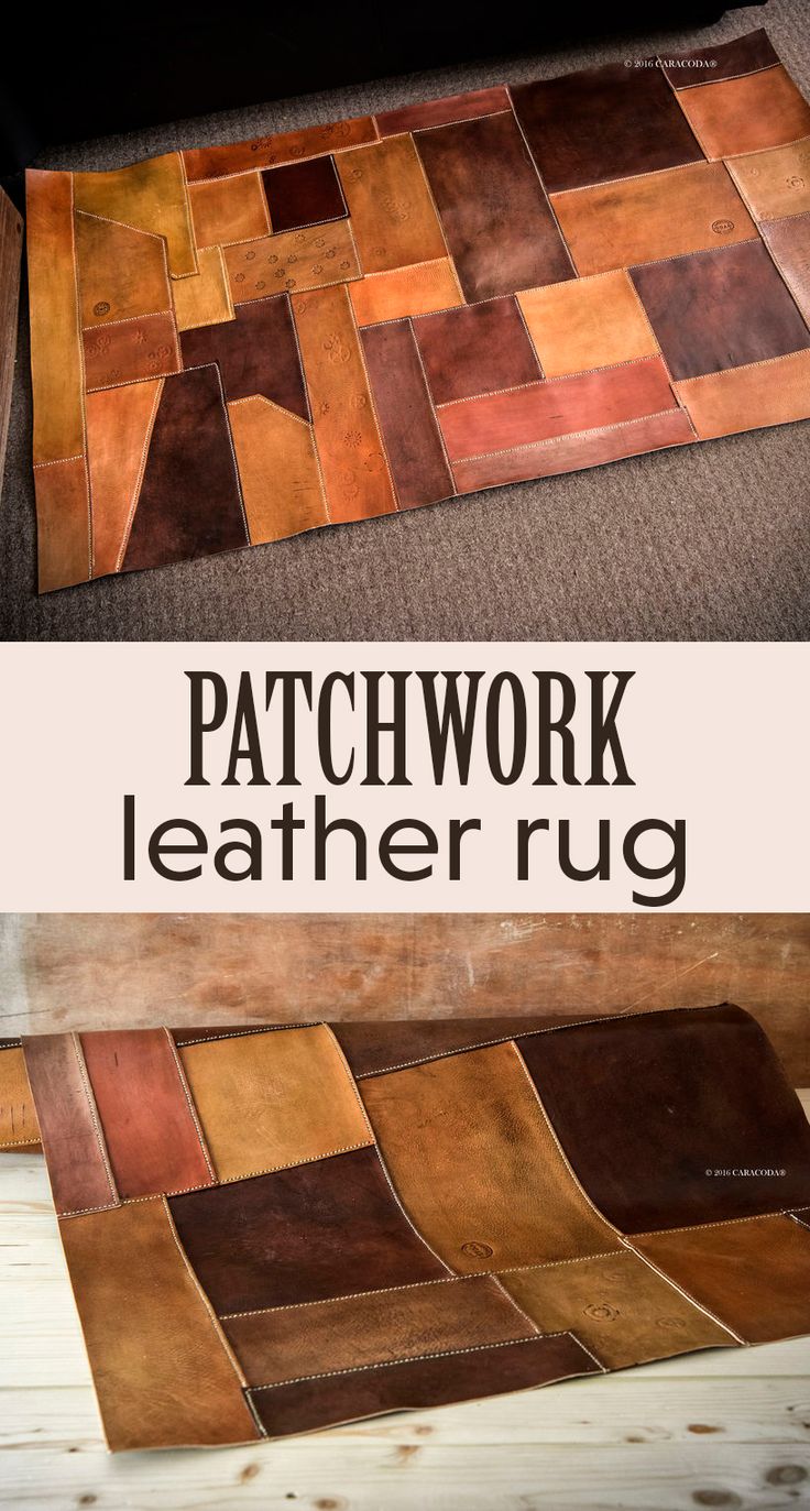 patchwork leather rugs with the words patchwork leather rug on top and bottom