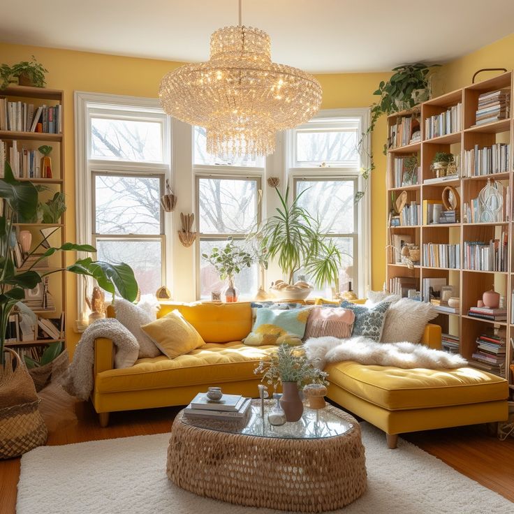 a living room filled with lots of yellow furniture