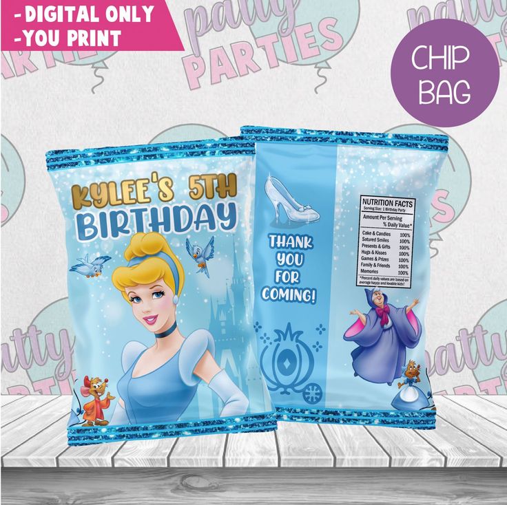 two bags of frozen princess birthday party food on a wooden table with text that reads, you