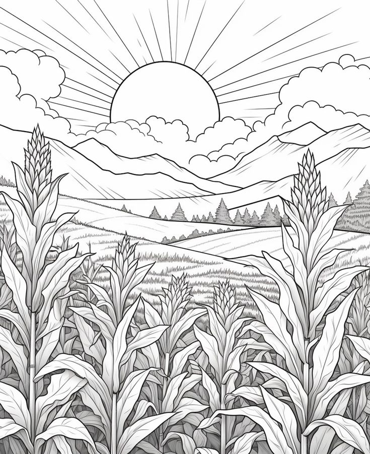 a black and white drawing of a field with sun in the background