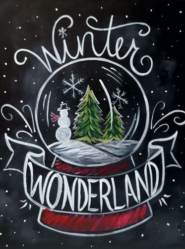 a chalkboard drawing of a snow globe with a christmas tree inside and the words winter wonderland written on it