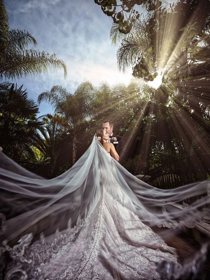 the bride and groom are posing in front of palm trees with their veil blowing in the wind