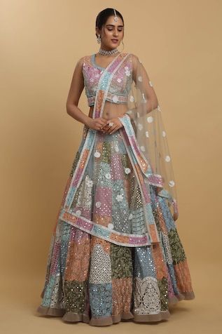 Multi color lehenga with attached can-can, all over Mughal tiles pattern, multi color thread, stone and mirror embroidery. Paired with embroidered padded blouse and scallop bordered dupatta. - Aza Fashions Fusion Style Multicolor Sets For Navratri, Multicolor Navratri Sets, Multicolor Fusion Sets For Navratri, Fusion Style Multicolor Sets With Traditional Drape, Fusion Style Multicolor Sets With Cutdana, Fusion Style Multicolor Cutdana Sets, Fusion Multicolor Designer Wear Sets, Fusion Style Multicolor Designer Sets, Fusion Multicolor Sets With Cutdana