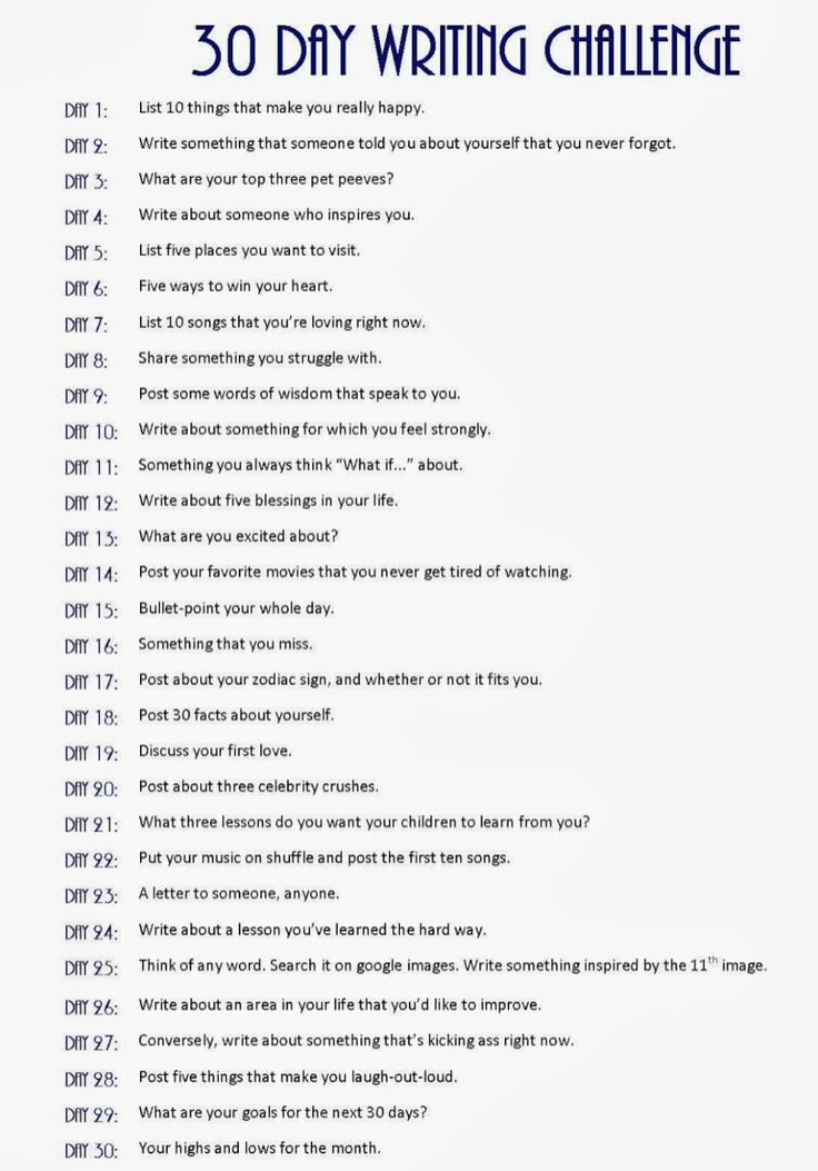 the 30 day writing challenge is shown in blue and white, with words above it