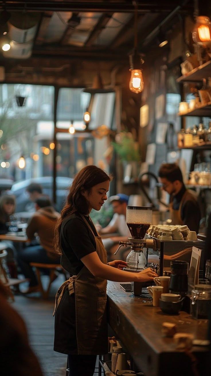 a woman standing at a counter in a coffee shop with lots of people sitting around