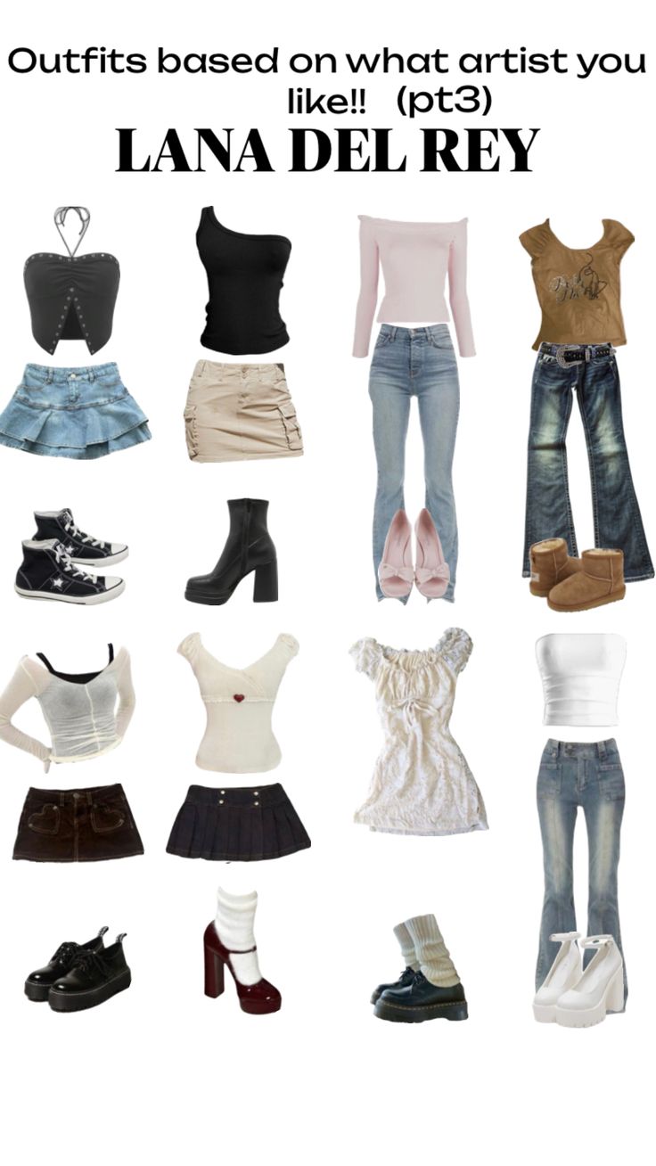 a bunch of different types of clothes and shoes with text that reads outfits based on what artist you like