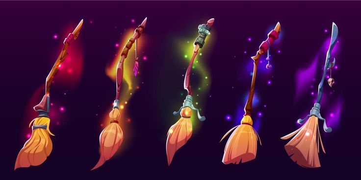 a set of different types of brooms with glowing lights on them, and in the middle