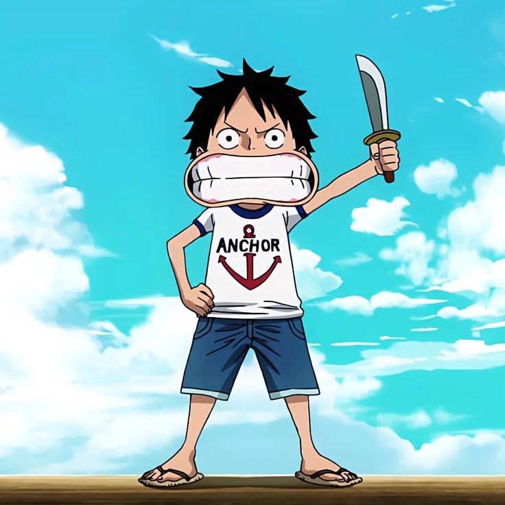 an anime character holding a knife and wearing a t - shirt with the word anchor on it