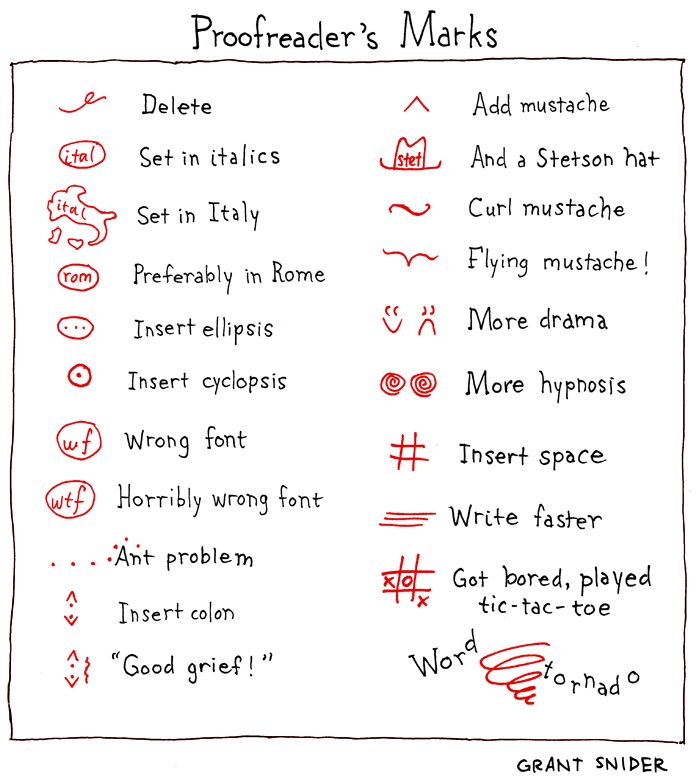 a handwritten poster with words and symbols on the page, proofreader's marks