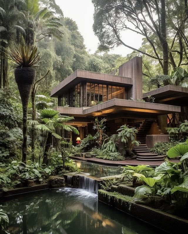 the house is surrounded by lush green trees and plants, with a waterfall running through it